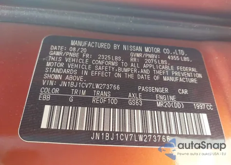 2020 Nissan Rogue Sport Sl Fwd Xtronic Cvt z USA, uszkodzony, nr VIN JN1BJ1CV7LW273766